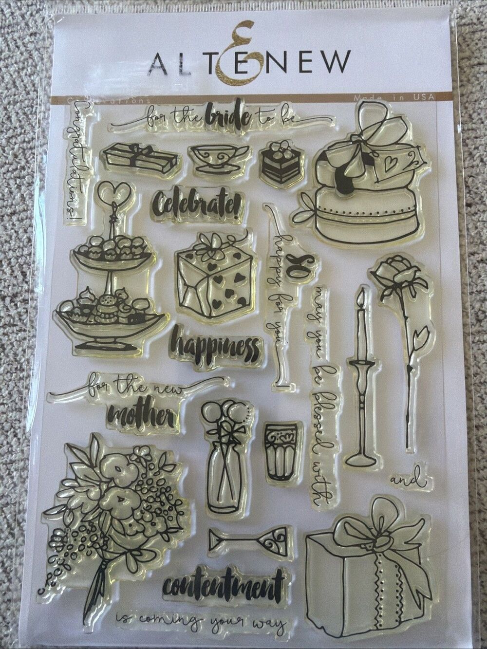 Altenew CELEBRATIONS Stamp Set flowers bride baby candle rose gift tea blessed